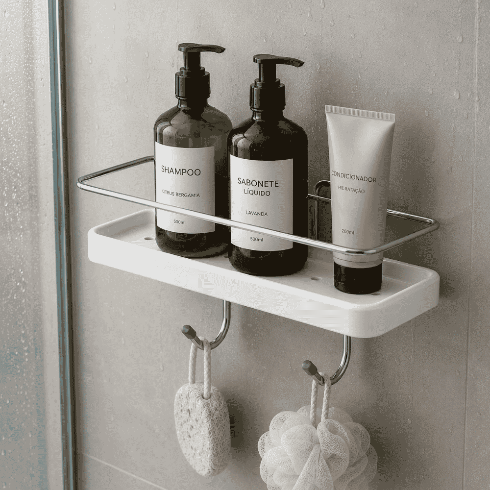 Suporte Shampoo Retangular com Ganchos Branco Stolf