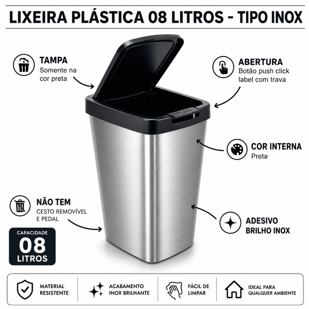 Lixeira Retangular com Tampa Click Prata 8 Litros Plasnew