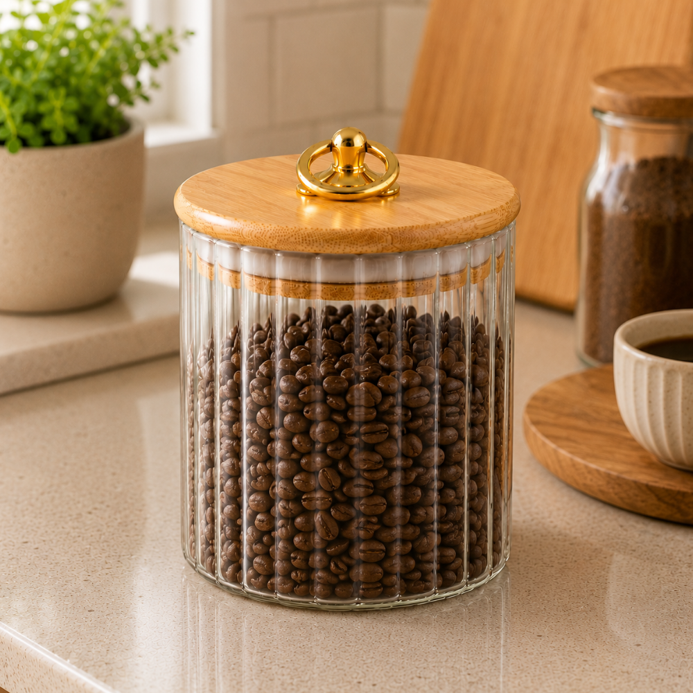 Pote Hermético em Vidro Canelado com Tampa de Bambu 600ml Linx