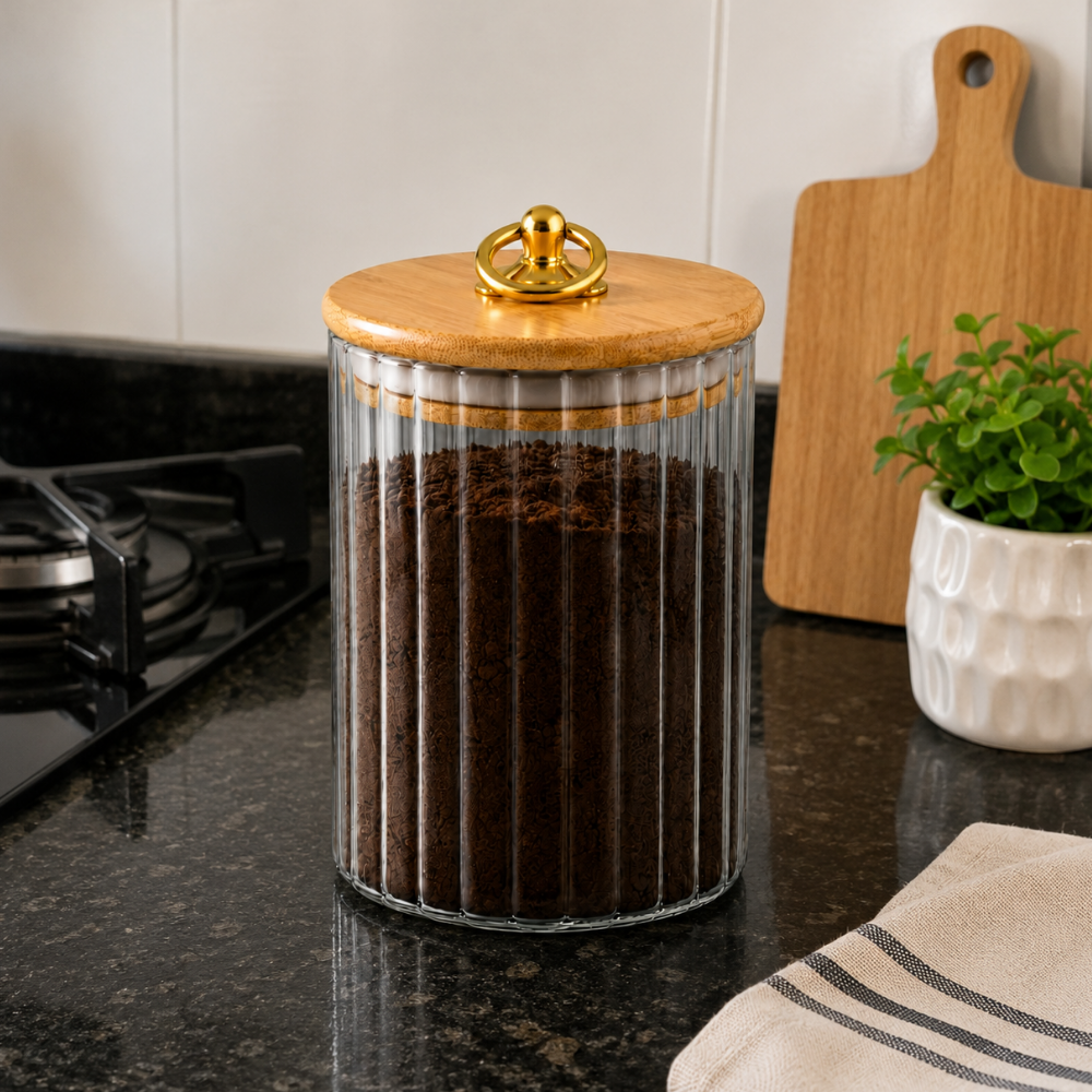 Pote Hermético em Vidro Canelado com Tampa de Bambu 900ml Linx