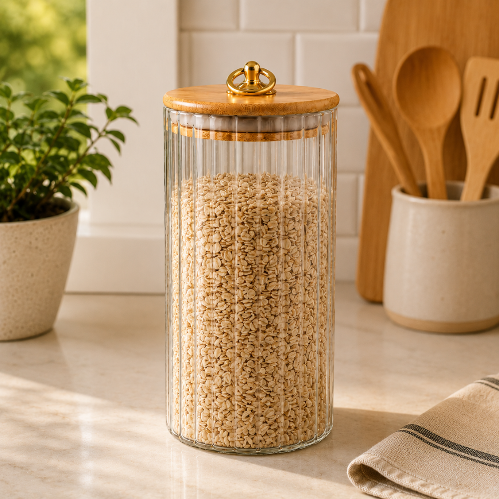 Pote Hermético em Vidro Canelado com Tampa de Bambu 1050ml Linx