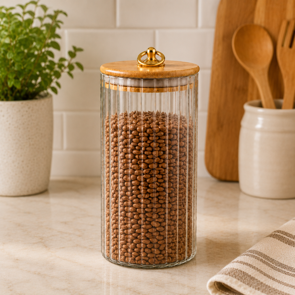 Pote Hermético em Vidro Canelado com Tampa de Bambu 1050ml Linx