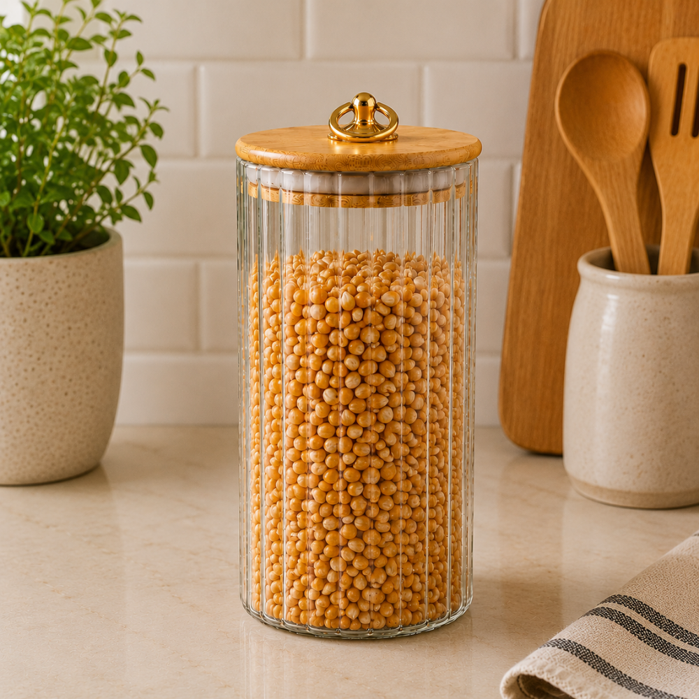 Pote Hermético em Vidro Canelado com Tampa de Bambu 1050ml Linx