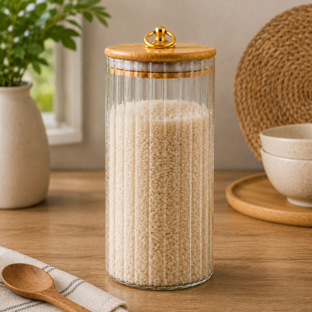 Pote Hermético em Vidro Canelado com Tampa de Bambu 1350ml Linx
