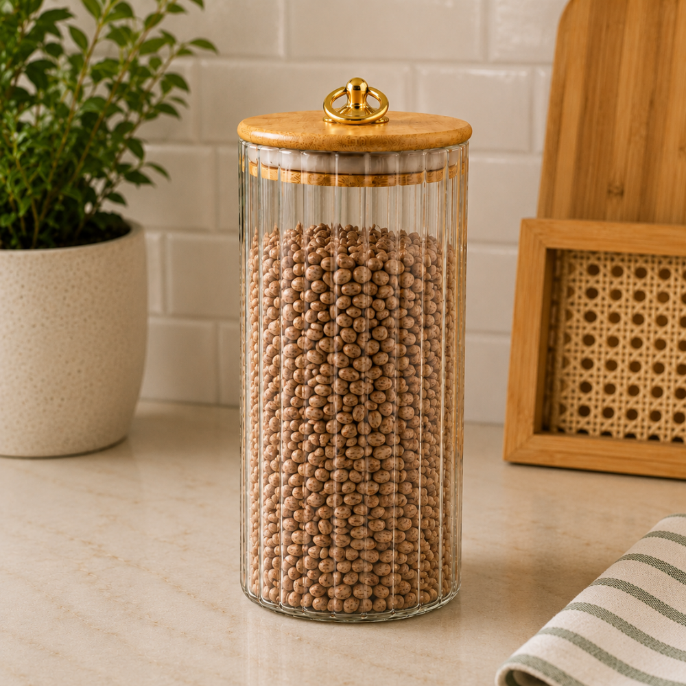 Pote Hermético em Vidro Canelado com Tampa de Bambu 1350ml Linx