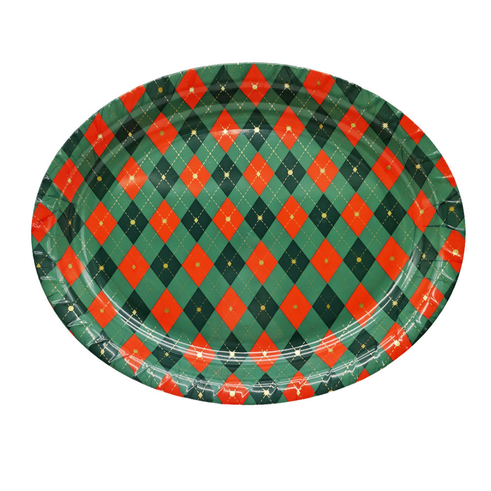 Bandeja Plástica Oval Xadrez Vermelho e Verde 36,5cm Rio Master