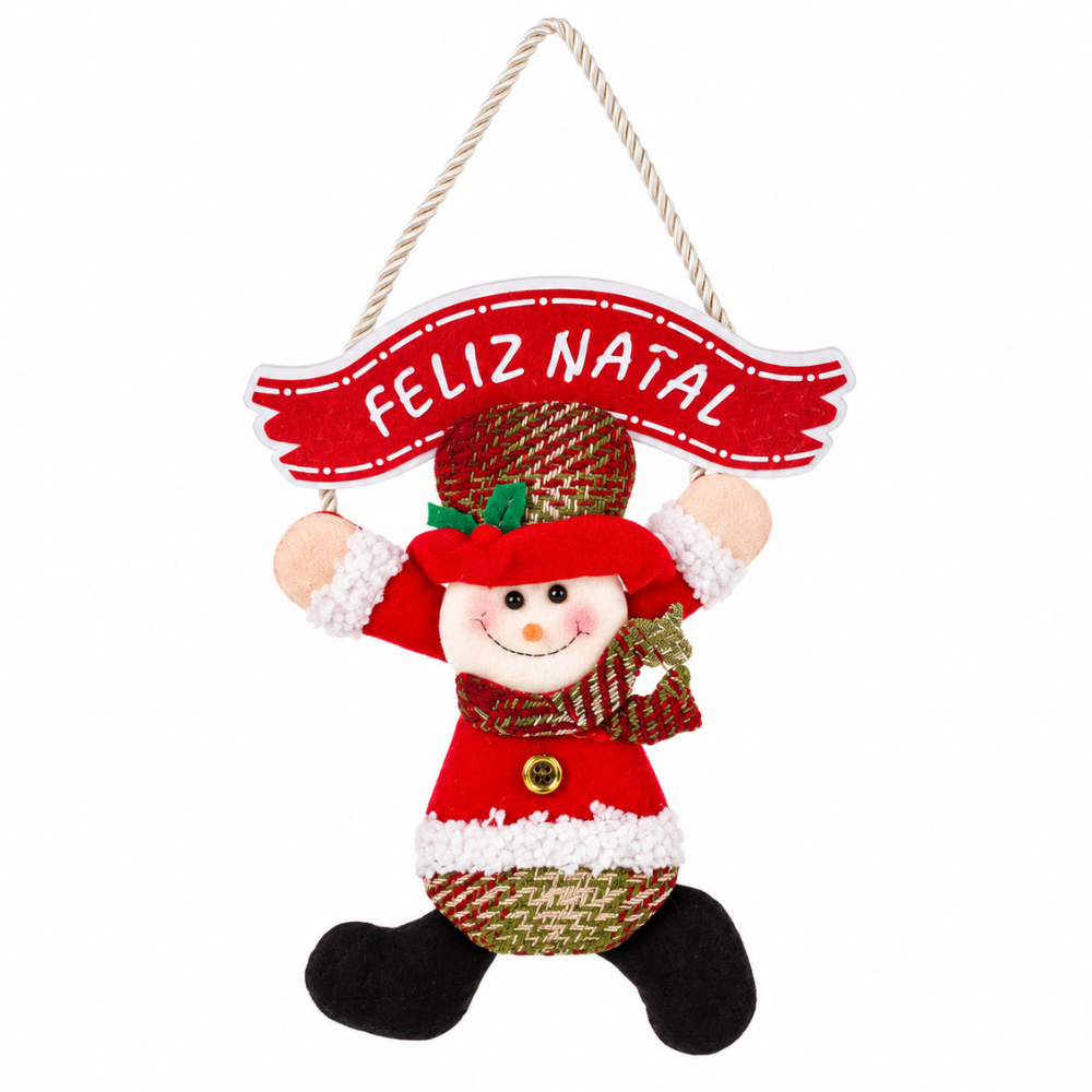 Pendente Boneco Natalino com Placa Feliz Natal Vermelho e Verde Rio Master