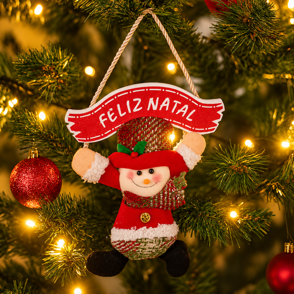 Pendente Boneco Natalino com Placa Feliz Natal Vermelho e Verde Rio Master