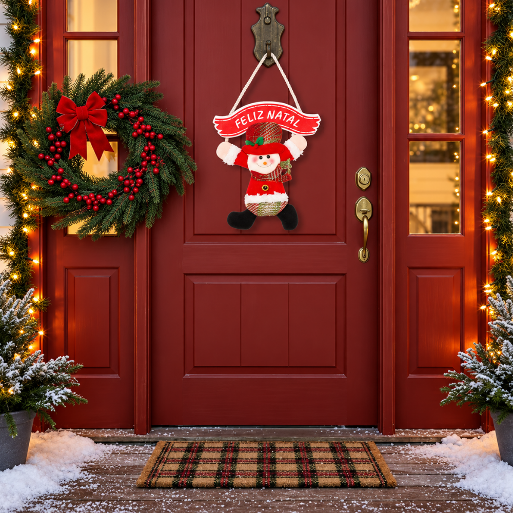 Pendente Boneco Natalino com Placa Feliz Natal Vermelho e Verde Rio Master