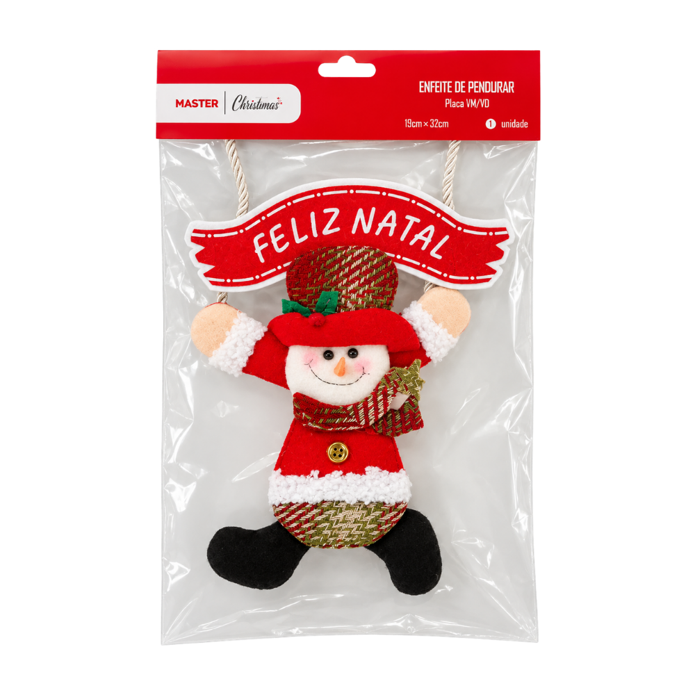 Pendente Boneco Natalino com Placa Feliz Natal Vermelho e Verde Rio Master