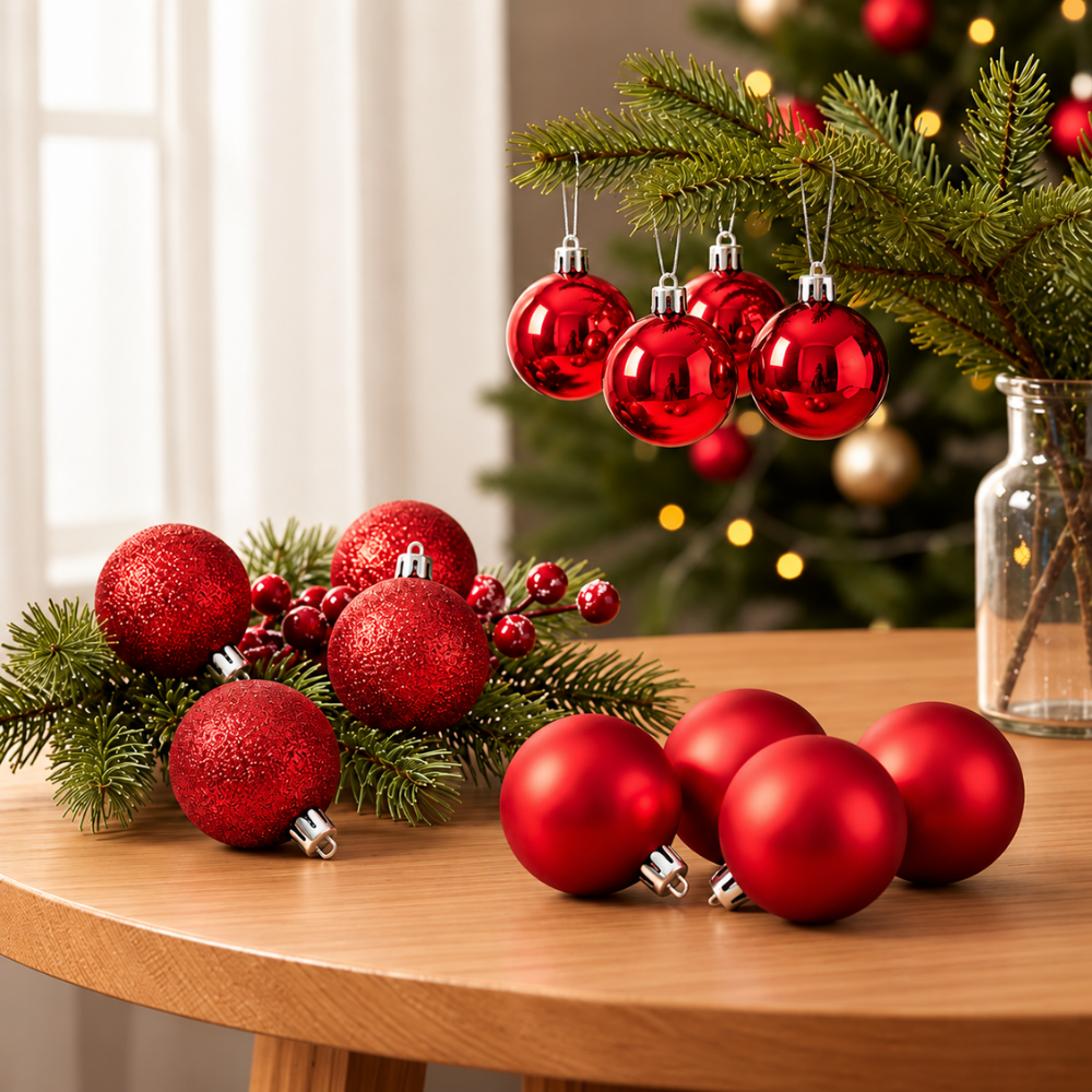 Bola de Natal Mista Fosca Lisa Glitter Vermelha 5 cm 12 Peças Rio Master