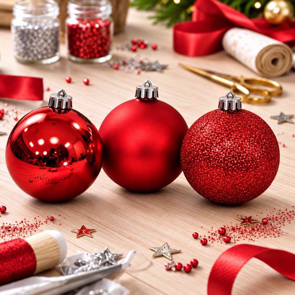 Bola de Natal Mista Fosca Lisa Glitter Vermelha 5 cm 12 Peças Rio Master