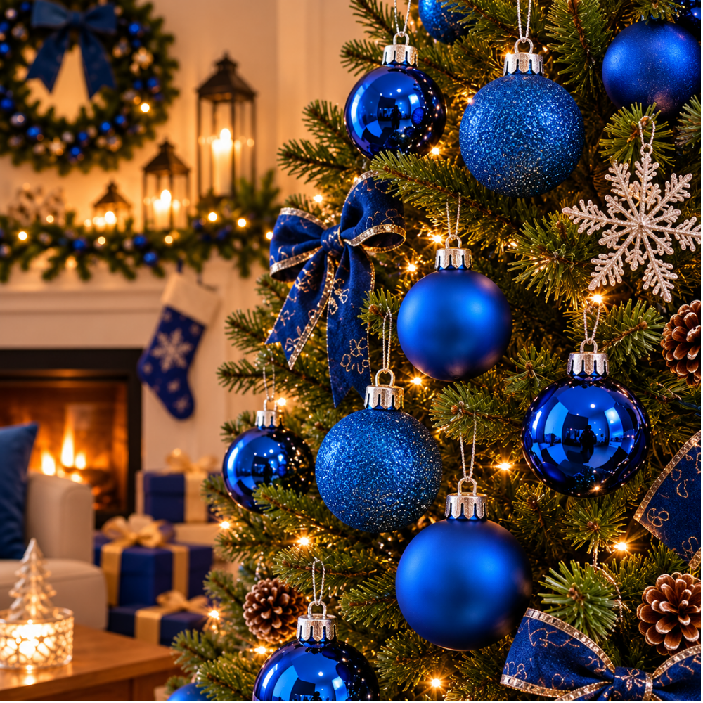 Bola de Natal Mista Fosca Lisa Glitter Azul 7 cm 6 Peças Rio Master