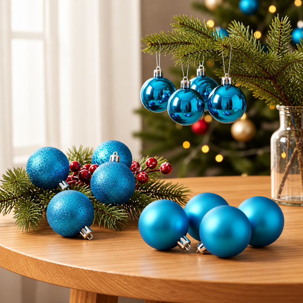 Bola de Natal Mista Fosca Lisa Glitter Azul 7 cm 6 Peças Rio Master