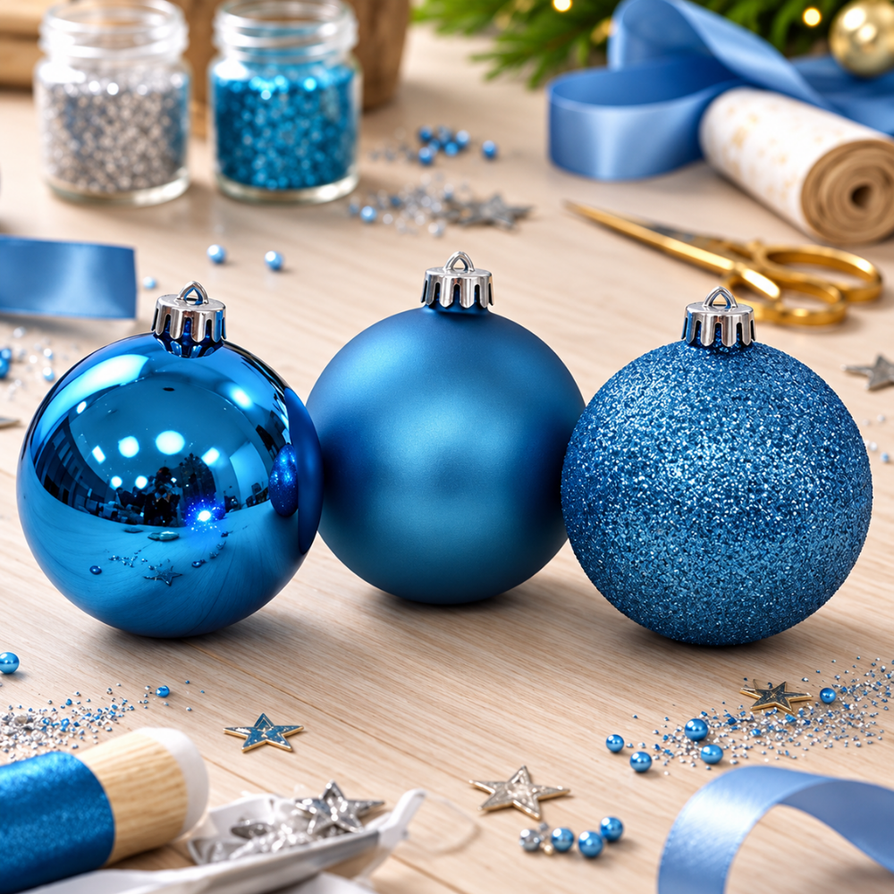 Bola de Natal Mista Fosca Lisa Glitter Azul 7 cm 6 Peças Rio Master