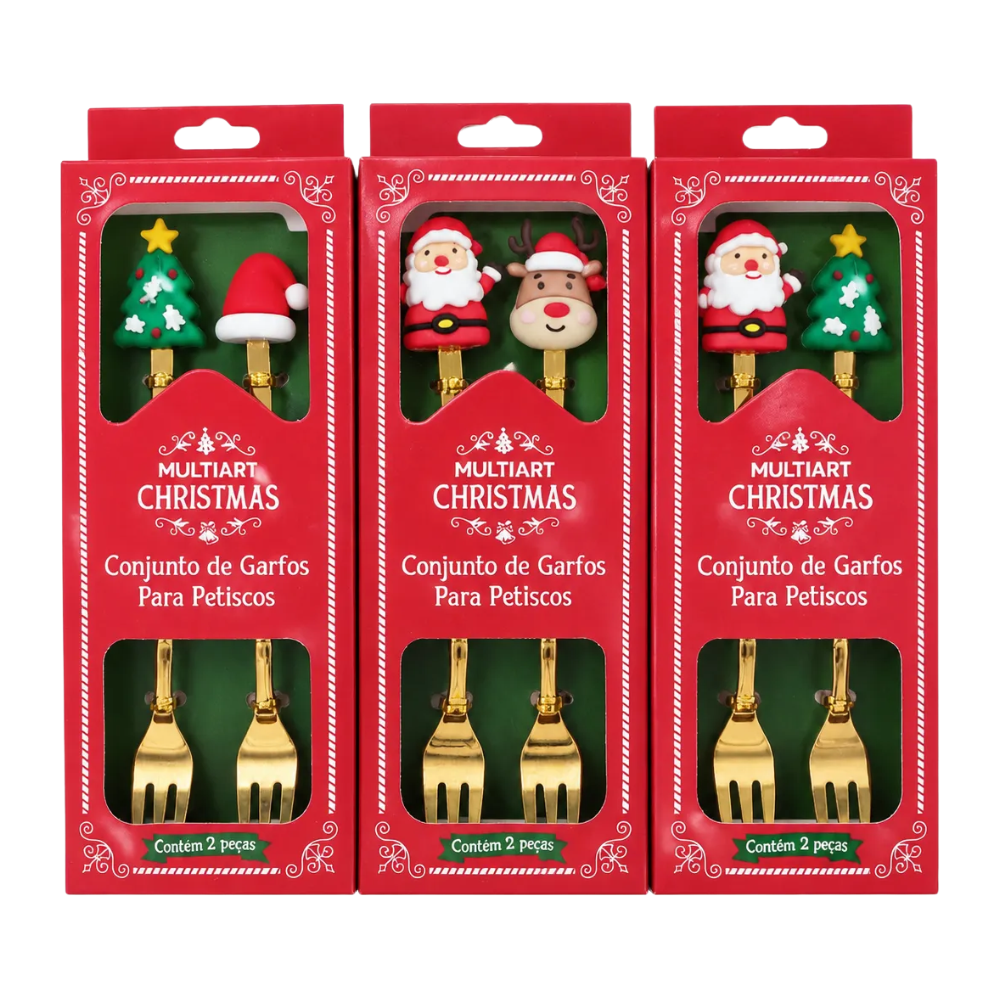 Kit com 2 Garfos para Petiscos Natalinos Inox Multiart
