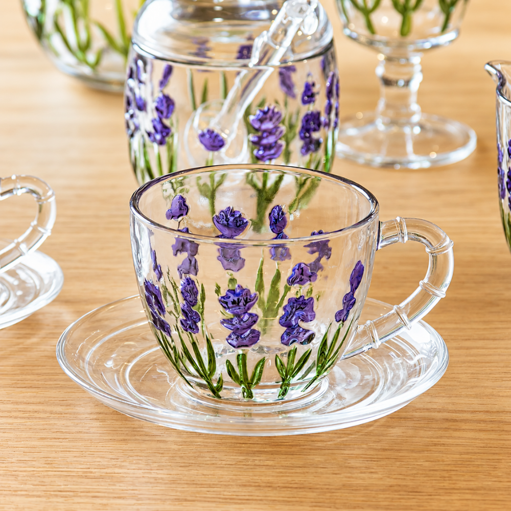 Xícara de Chá com Pires Lavanda Hand Painting 220ml Coliseu
