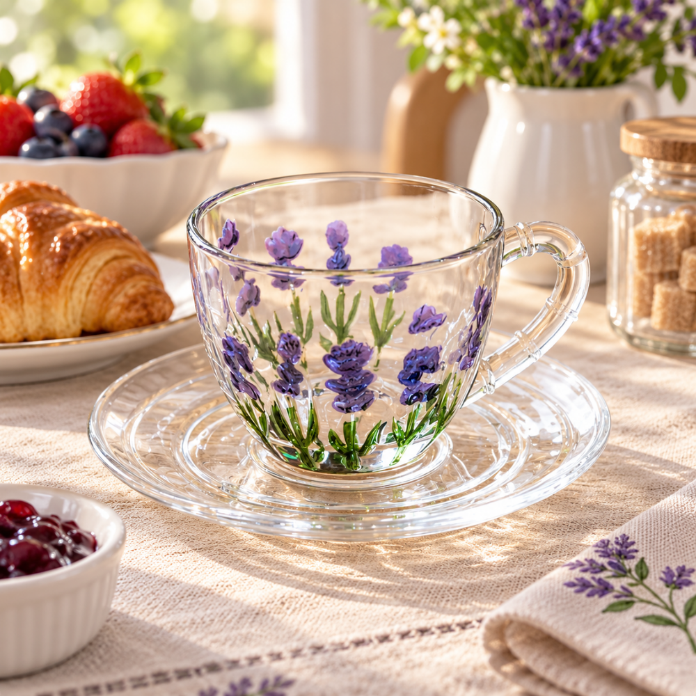 Xícara de Café com Pires Lavanda Hand Painting 80ml Coliseu