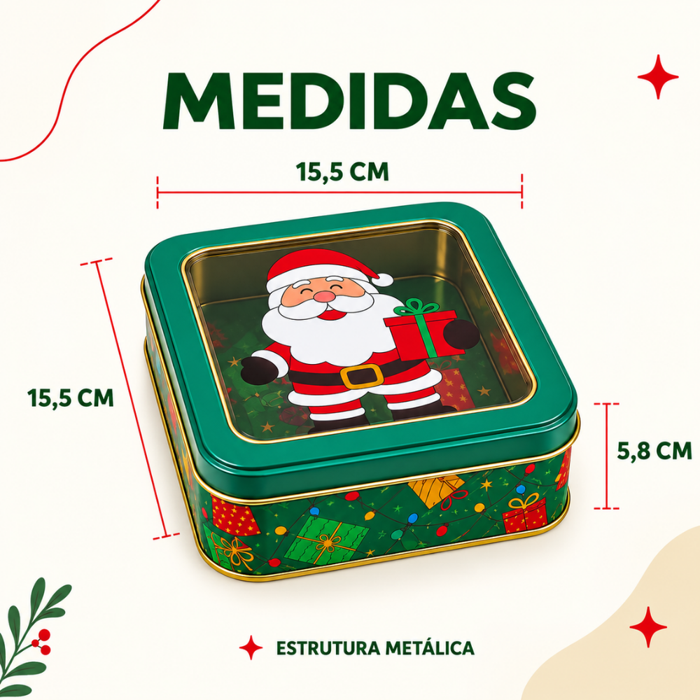 Lata Decorativa Quadrada de Natal 15,5x15,5x5,8cm Multiart