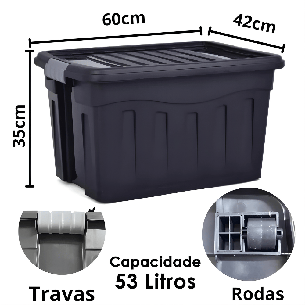 Caixa Organizadora 53 Litros Com Trava E Rodízio Preta Mb - Cx 3 Unidades
